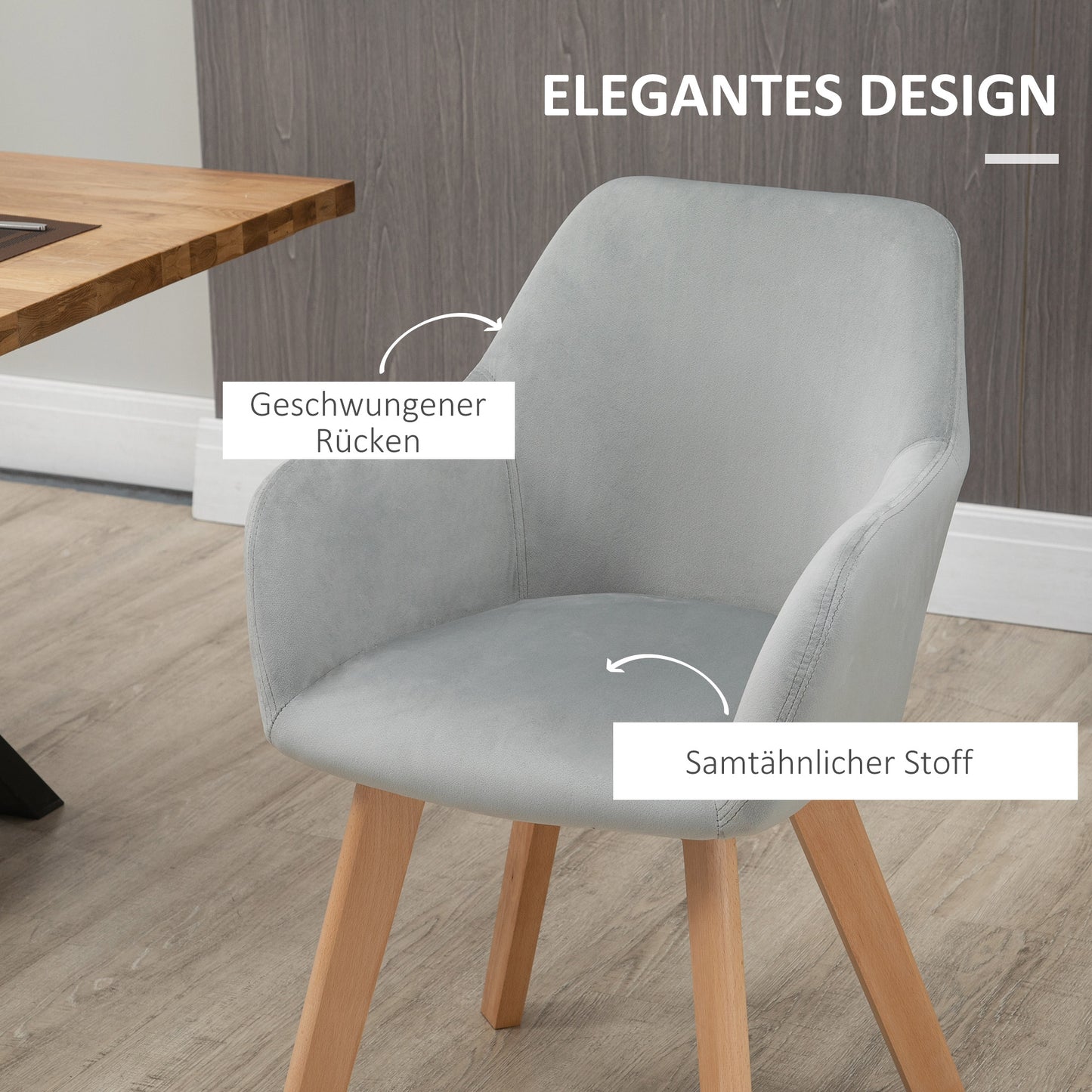 HOMCOM 2er-Set Stühle, Esszimmerstühle, Samtoptik, Holzbeine, 54 cm x 57 cm x 80 cm, Grau + Natur