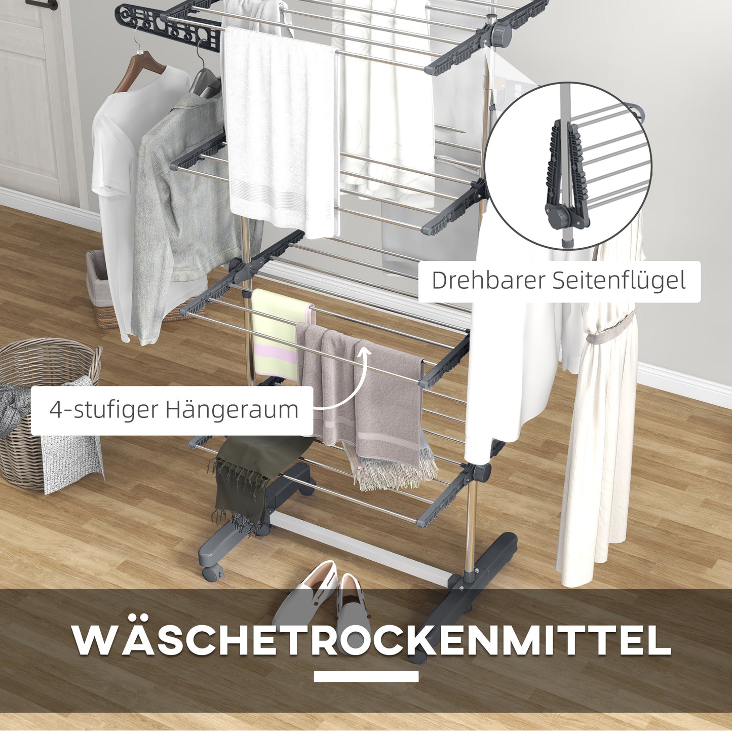 HOMCOM Wäschenständer Wäschetrockner 5 Ebenen, klappbar, One-Klick-System, 142 cm x 55 cm x1 72 cm, Grau + Silber