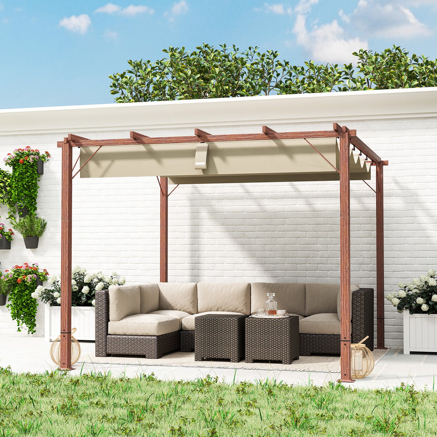 Outsunny 3 x 3 m Garten-Pergola, Verstellbares Terrassendach, Aluminium-Rahmen, UPF30+ Sonnenschutz, Naturholz