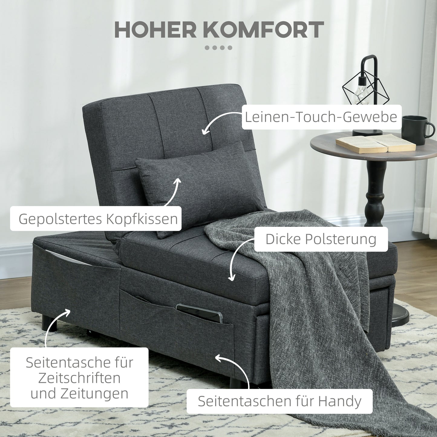HOMCOM bequemer Liegesessel Schlafsessel 3-in-1 Sessel modern, bis 150 kg, Leinenoptik, inkl. Kissen, 65,5 x 104 x 81 cm, Dunkelgrau