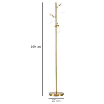 HOMCOM Stehleuchte im Retro-Design, Stehlampe, Stehlampe mit 3 Lampenschirmen, Glas, Gold