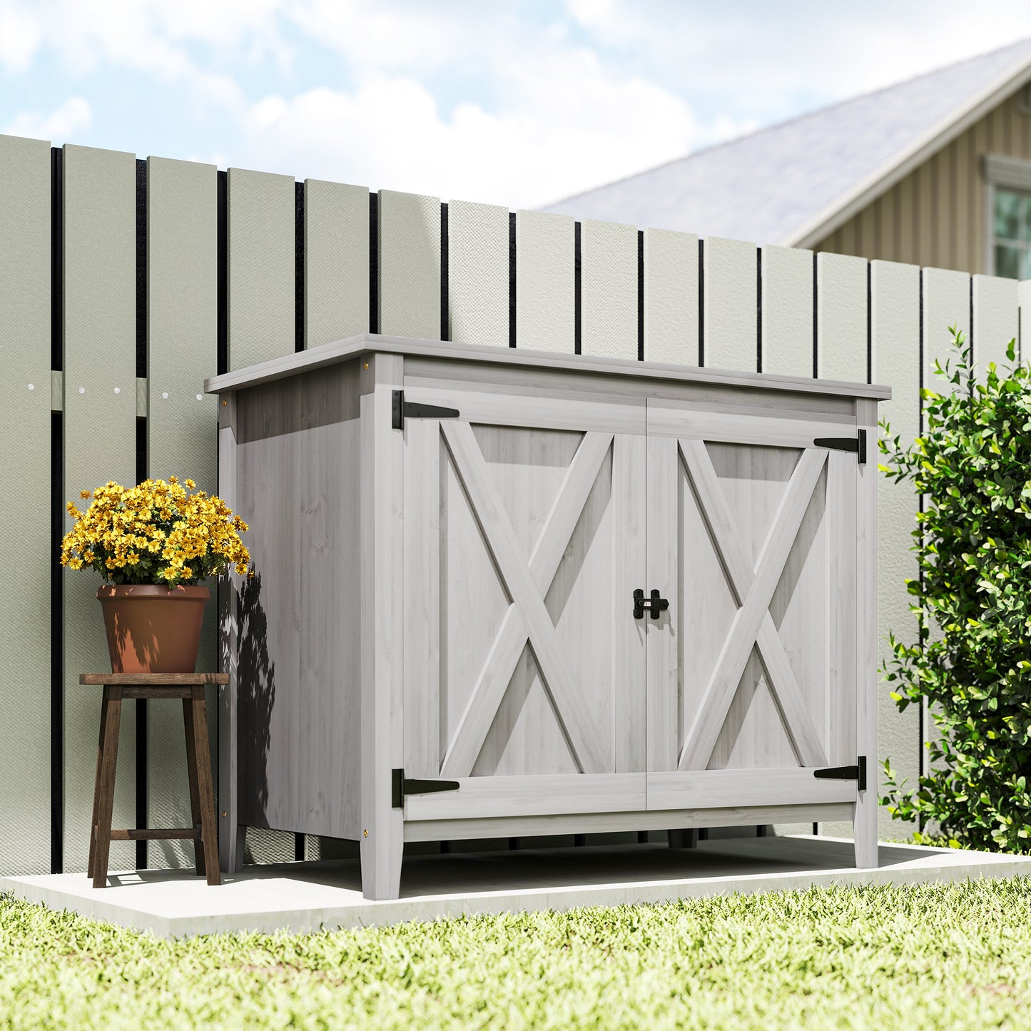 Outsunny Gartenschrank, Holzschrank für Gartengeräte, Outdoor-Schrank für Terrasse, mit Doppeltüren, Scheunendesign, Hellgrau