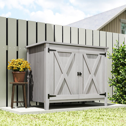 Outsunny Gartenschrank, Holzschrank für Gartengeräte, Outdoor-Schrank für Terrasse, mit Doppeltüren, Scheunendesign, Hellgrau