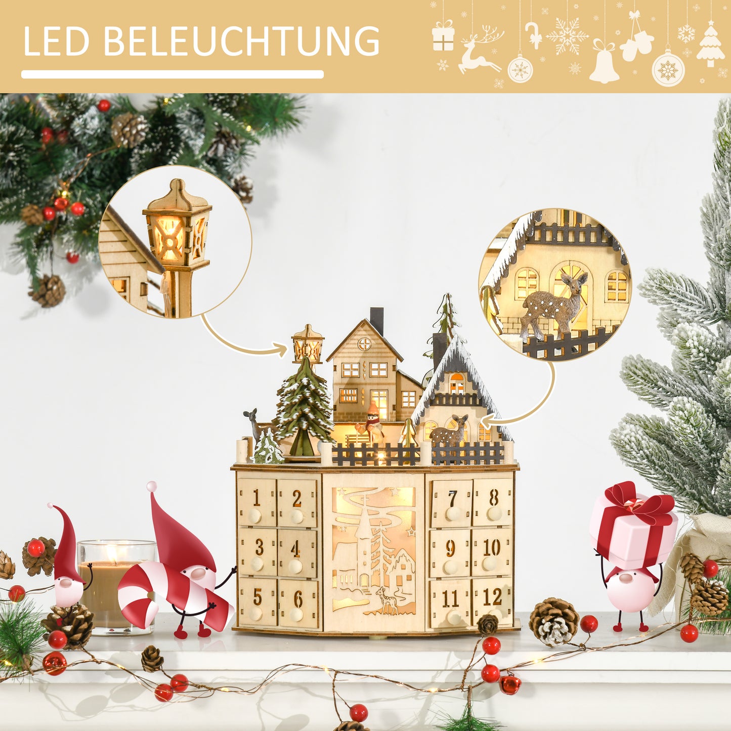 HOMCOM Adventskalender Adventskalenderbox Weihnachtsdekoration, LED-Lichter, 24 Schubladen, Natur