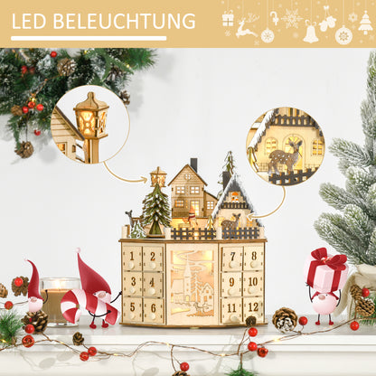 HOMCOM Adventskalender Adventskalenderbox Weihnachtsdekoration, LED-Lichter, 24 Schubladen, Natur