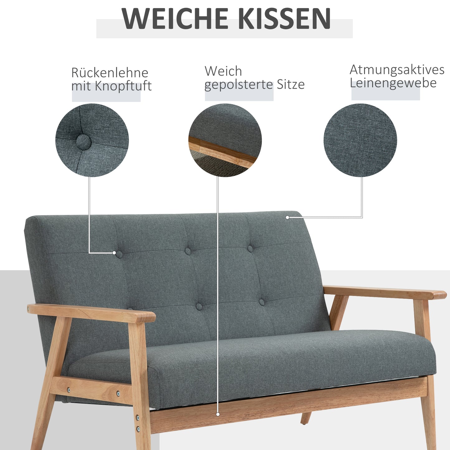 HOMCOM Sofa 2 Sitzer Couch, Wohnzimmersofa mit Leinenoptik Modern Polstersofa für Wohnzimmer, Schlafzimmer, Dunkelgrau 115 x 66,5 x 73 cm