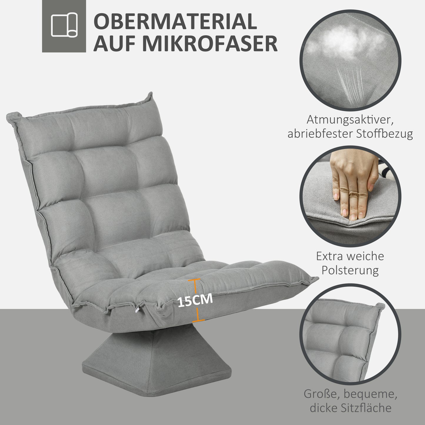 HOMCOM Relaxsessel Lesesessel, drehbar, Samtoptik, 62 cm x 70 cm x 95 cm, Hellgrau