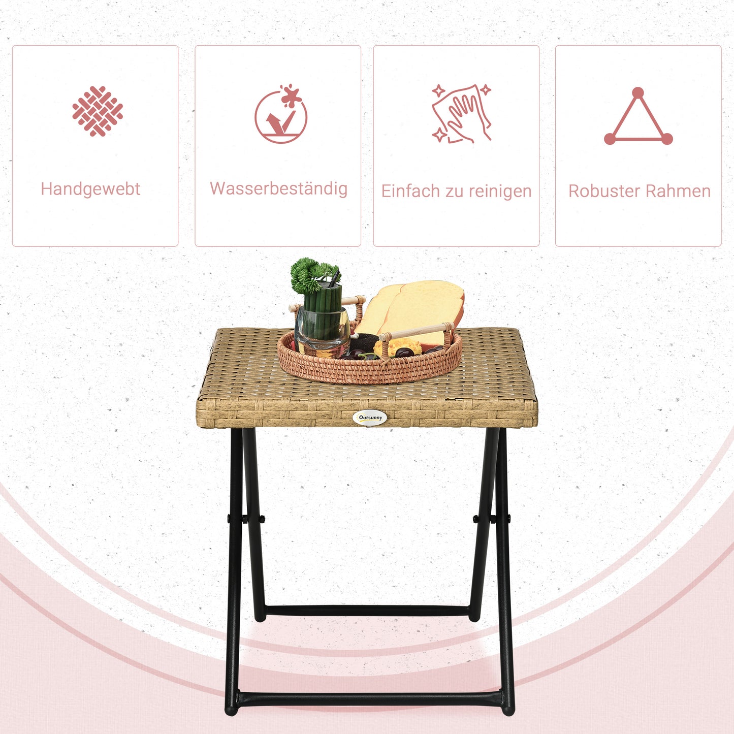 Outsunny Polyrattan Balkontisch, klappbar, Stahlrahmen, pflegeleicht, 40x40x40 cm, Natur