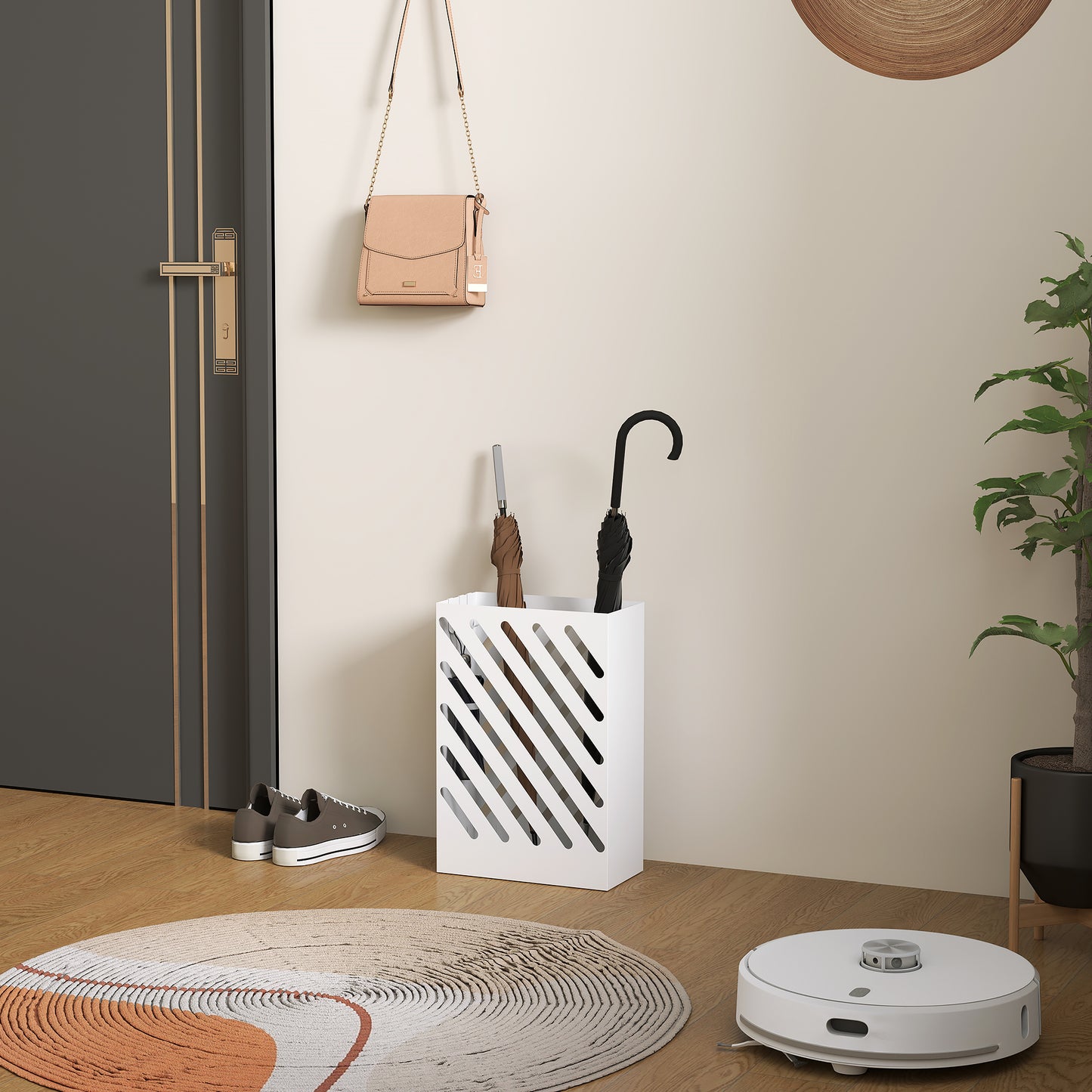 HOMCOM Regenschirmständer mit Tropfschale, 4 Haken, Stahl, 28L x 14B x 41H cm, Weiß