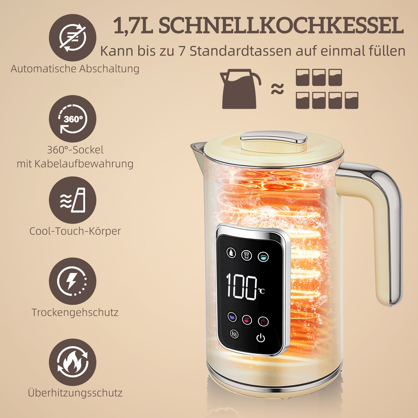 HOMCOM Wasserkocher und Toaster-Set mit LED-Touchscreen, 1,7 L, 2 Toasterschlitze, verschiedene Modi und Funktionen, Cremeweiß