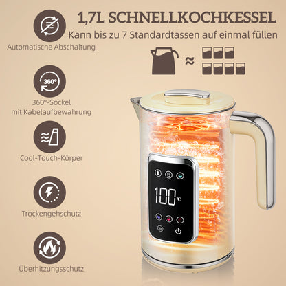 HOMCOM Wasserkocher und Toaster-Set mit LED-Touchscreen, 1,7 L, 2 Toasterschlitze, verschiedene Modi und Funktionen, Cremeweiß