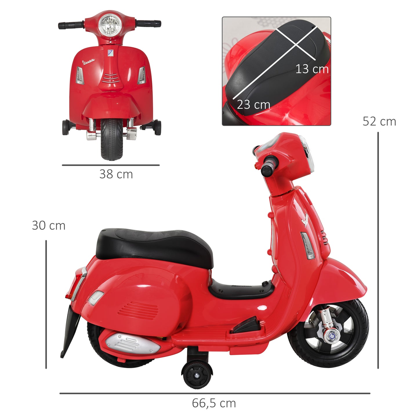 HOMCOM Elektro Kindermotorrad Vespa Elektromotorrad mit LED-Licht, Sound, Kinder Elektro Motorrad für Kinder von 18-36 Monate Rot