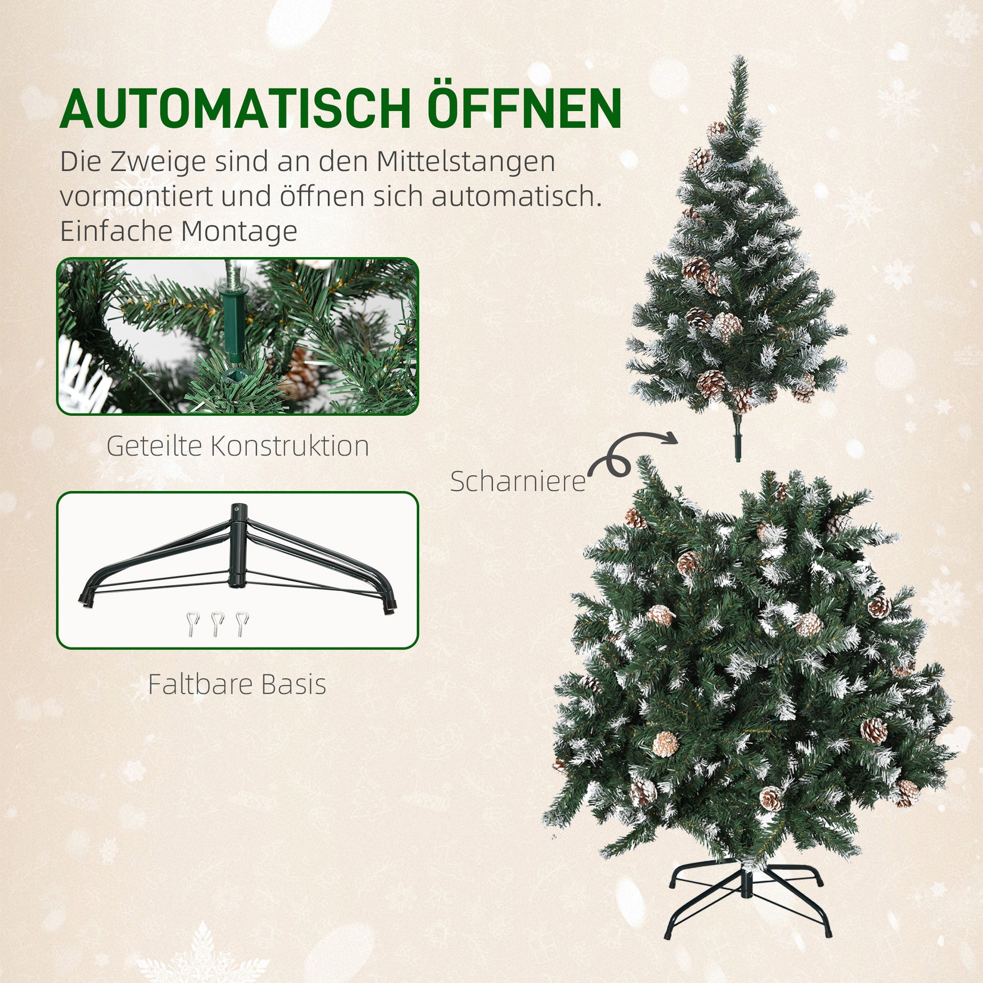 HOMCOM Künstlicher Weihnachtsbaum, 676 Zweige, 41 Zapfen, verschneite Spitzen, feuerfest, 180 cm