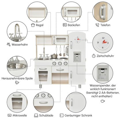 HOMCOM Kinderküche mit Zubehör, Traumküche, Spielküche, Spielzeugküche für Kinder ab 3 Jahren, Kiefer, MDF, Weiß, 74 x 30 x 81 cm