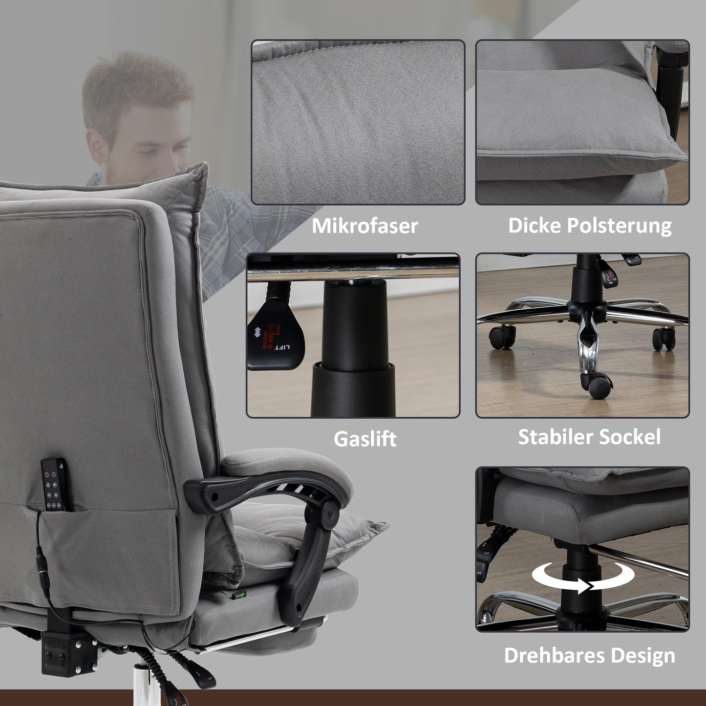 Vinsetto Bürostuhl mit Massagefunktion, Heizfunktion, Fernbedienung, ausfahrbare Fußstütze, neigbar, grau