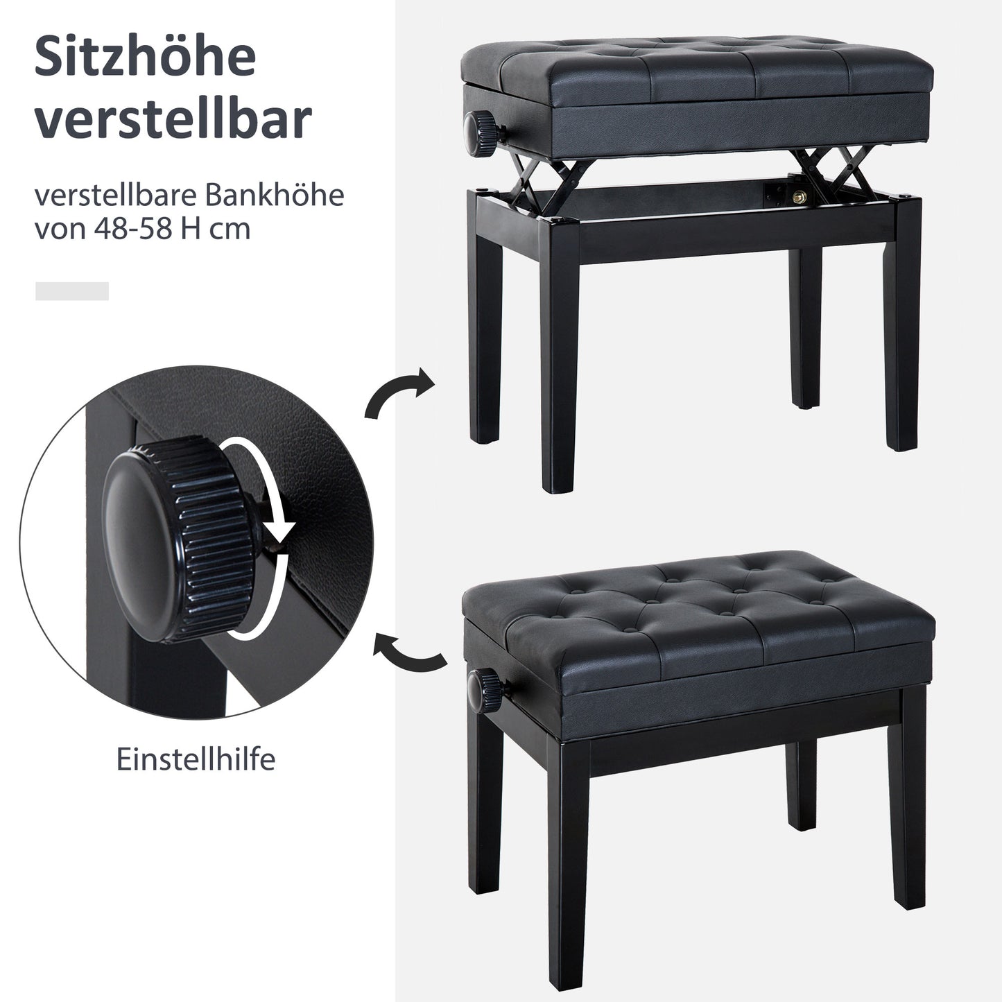 HOMCOM Klavierhocker Höhenverstellbar Klavierbank mit Verstecktem Stauraum, Pianobank mit Kunstleder Kissen Keyboardbank für Piano Keyboard 54,5 x 33 x 48-58 cm Schwarz