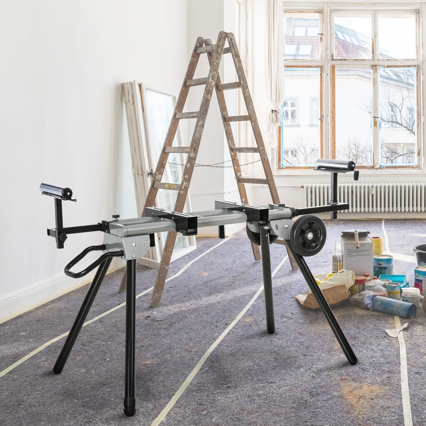 DURHAND Untergestell für Kappsägen Arbeitstisch für Kapp- und Gehrungssägen Sägengestell Kappsäge Stahl Schwarz+Silber Seitenverlängerung 123,5-245 cm