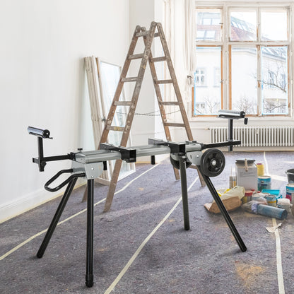 DURHAND Untergestell für Kappsägen Arbeitstisch für Kapp- und Gehrungssägen Sägengestell Kappsäge Stahl Schwarz+Silber Seitenverlängerung 123,5-245 cm