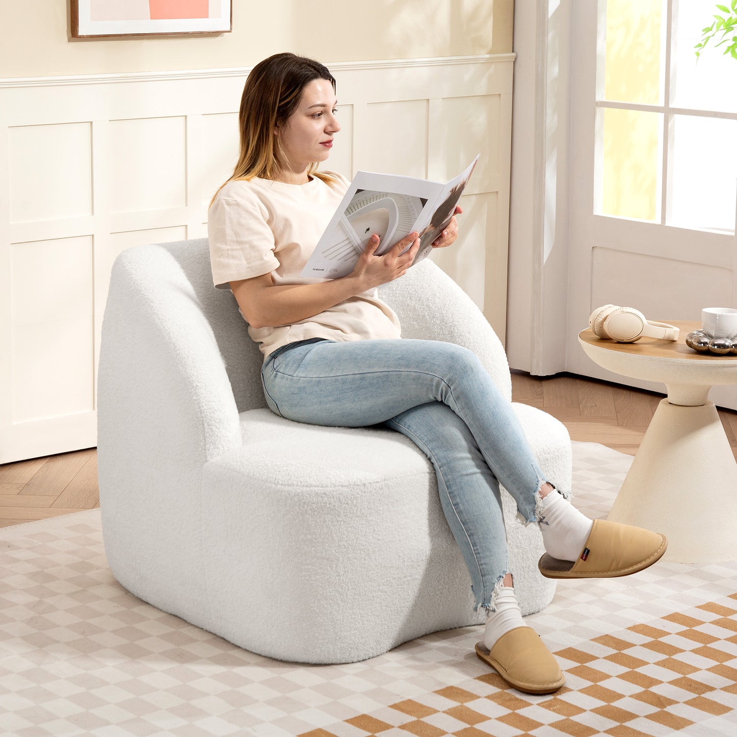 HOMCOM Moderner Sessel mit Fleece-Polsterung, kuscheliger Polstersessel für Wohnzimmer, Schlafzimmer, Homeoffice, Cremeweiß