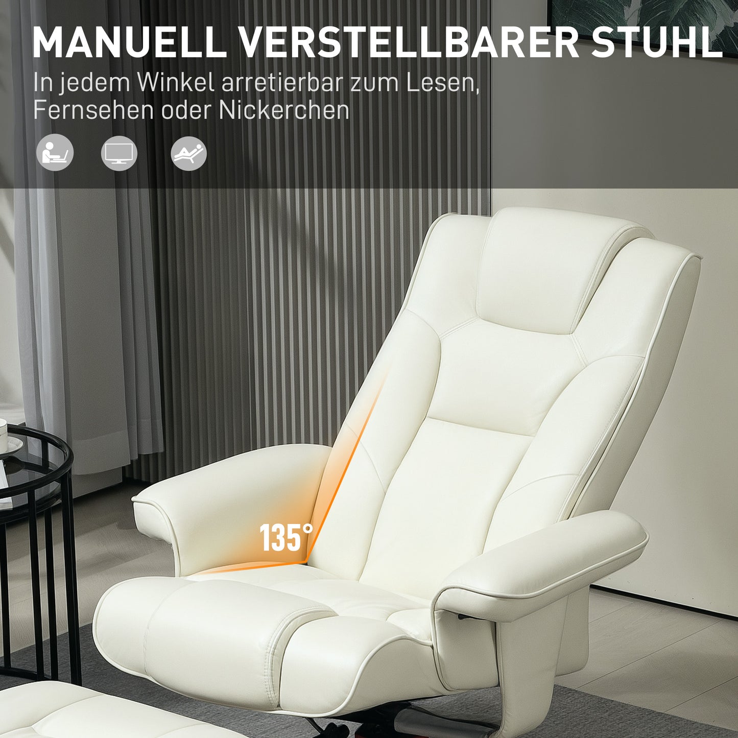 HOMCOM Relaxsessel mit Hocker, Lederoptik, neigbare Lehne, bis 150 kg, Cremeweiß