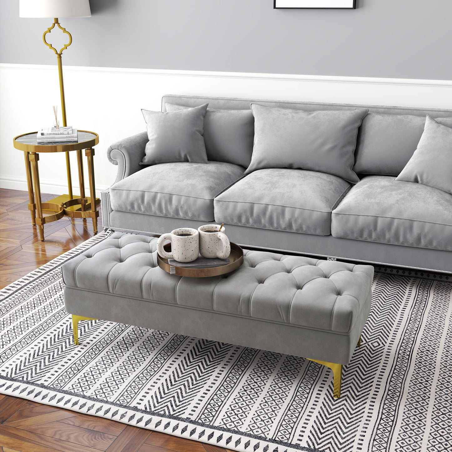 HOMCOM Sitzbank Bettbank Schuhbank mit erhöhten Beine Schlafzimmer Samt Hellgrau