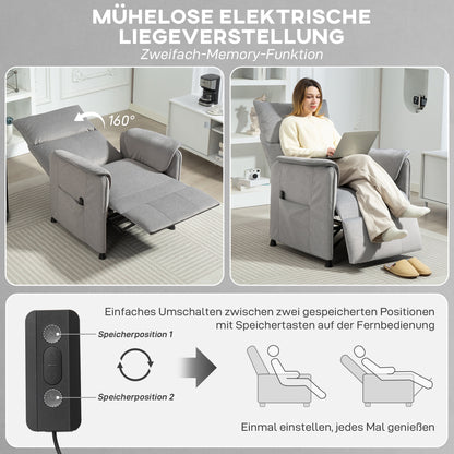 HOMCOM Relaxsessel mit leisem Motor, Polstersessel mit robusten Stoffbezug, Memory-Funktion, anpassbare Fußstütze, Grau