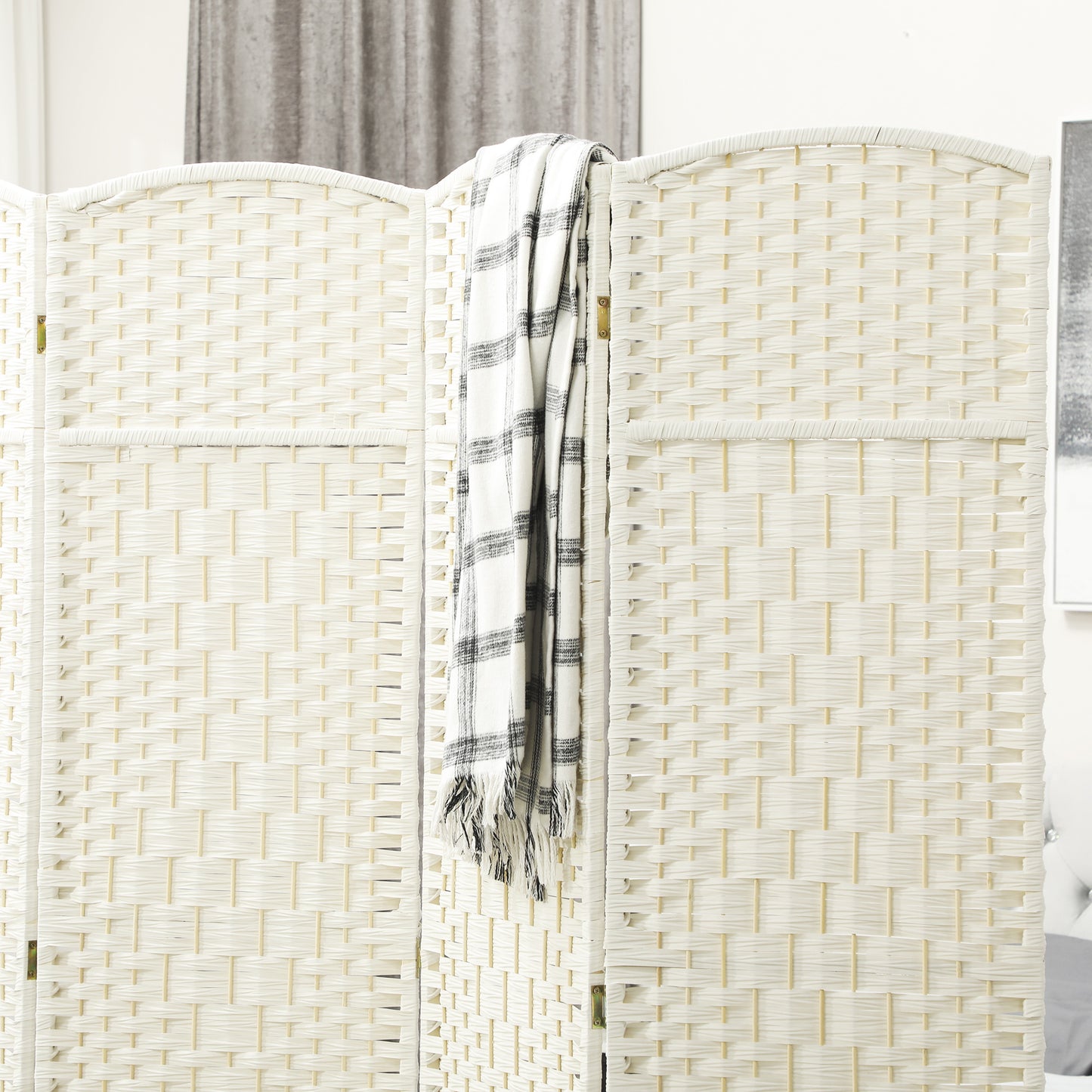 HOMCOM Raumteiler, 4-teilig faltbare Trennwand, Geflechtmuster, Kiefernholz, Weiß