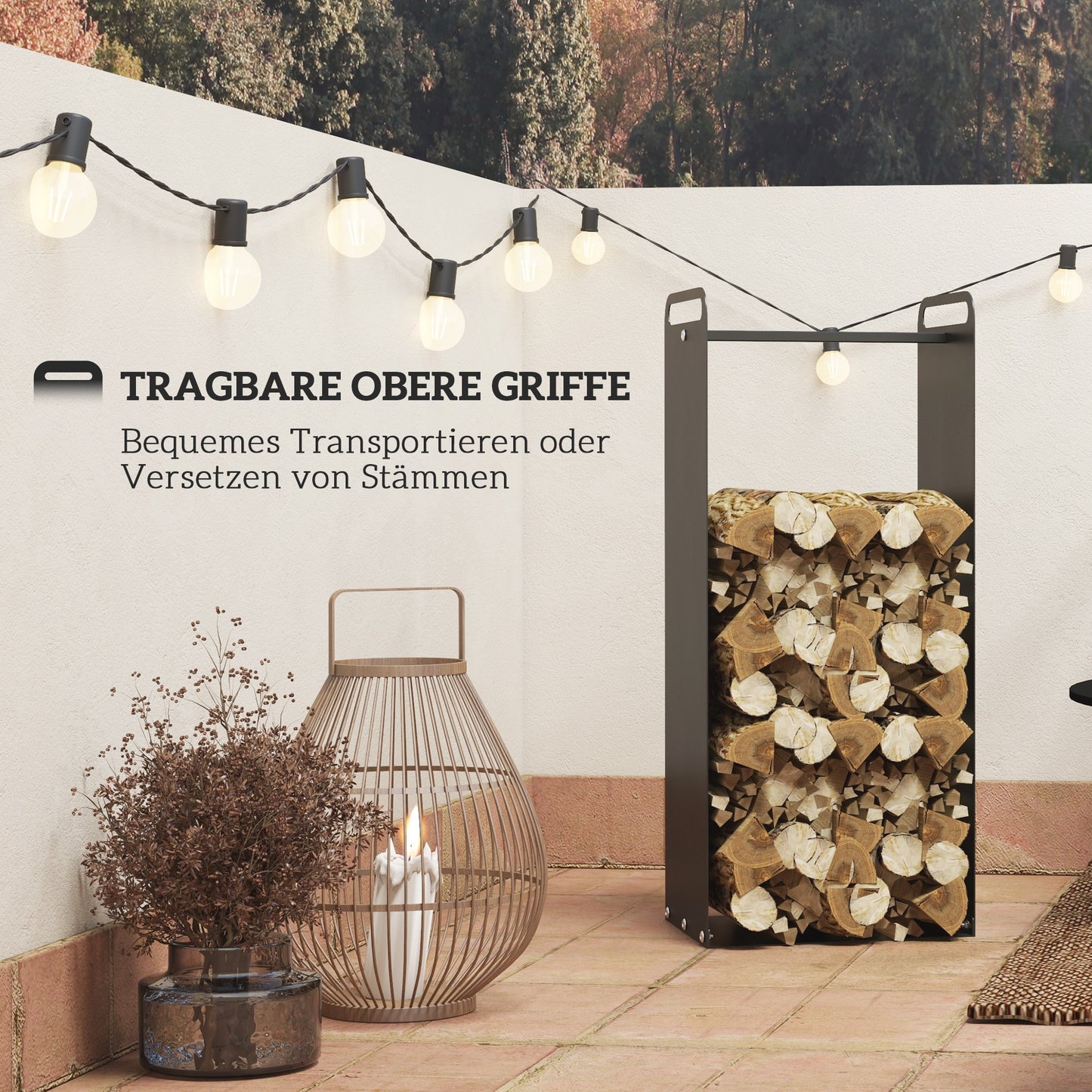 Outsunny Feuerholzgestell, 2 Tragegriffe, Stahlrahmen, bis 30kg, 37x30x90cm, Schwarz