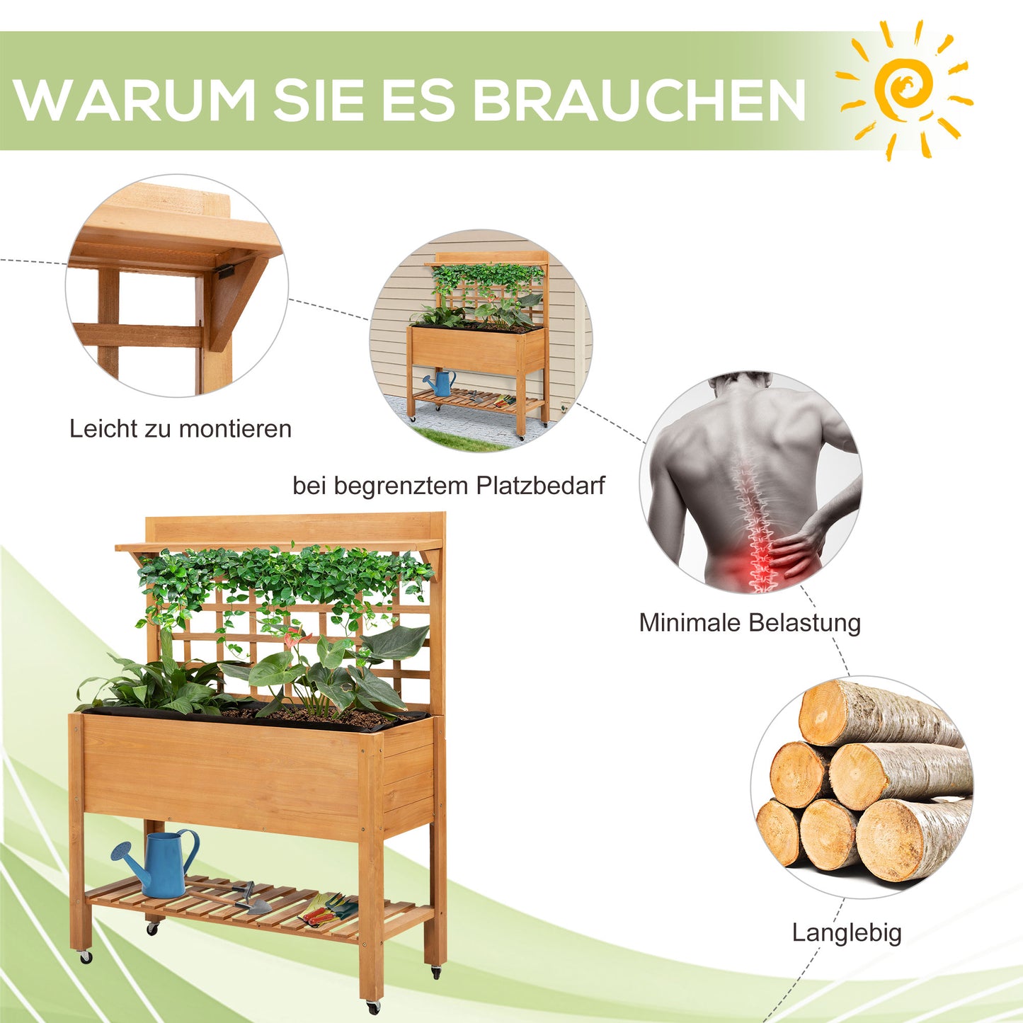 Outsunny Hochbeet Pflanztisch Blumentisch Arbeitstisch Gärtnertisch Gewächshaus Holzpflanztisch für Garten Balkon, 105 x 40 x 135 cm, Tanne, nicht gewebter Stoff, Braun