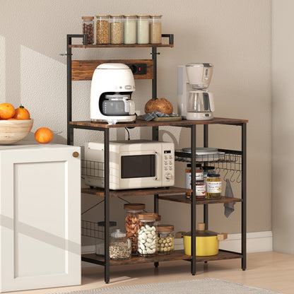 HOMCOM Küchenregal, Standregal mit 2 Steckdosen, 5 S-Haken, 5 Ablagen, Korb, X-Streben Stahl 90 x 42 x 130 cm