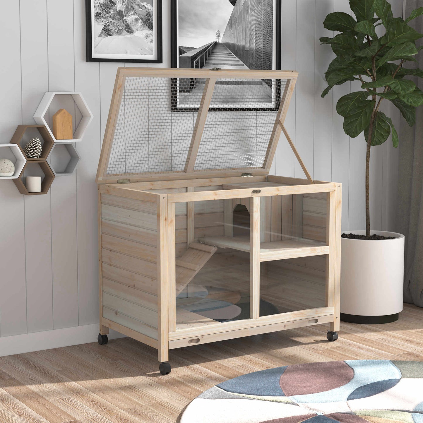 PawHut Kleintierstall mit 2 Ebenen 4 Rollen versiegeltes Tannenholz Natur