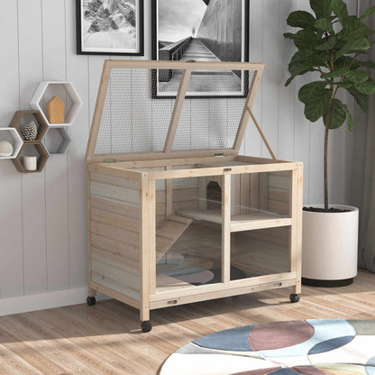 PawHut Kleintierstall mit 2 Ebenen 4 Rollen versiegeltes Tannenholz Natur