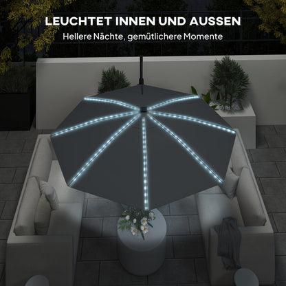 Outsunny Alu Ampelschirm LED Solar Ø300 cm höhenverstellbar Sonnenschirm mit Kurbel Ständer UV50+ Dunkelgrau