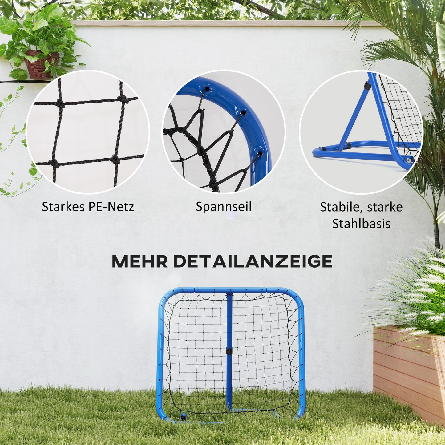 HOMCOM Fußball Rebounder-Netz, klappbar, Rückprallwand, Verstellbar in 5 Stufen, Metall, 78 x 84 x 65-78 cm, Blau