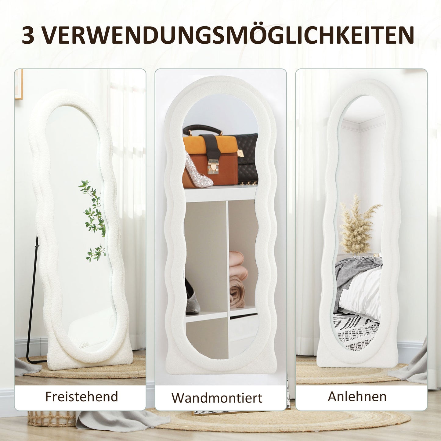 HOMCOM Ganzkörperspiegel 160 x 60 cm Gewölbter Standspiegel mit Wellendesign Bruchsichere Glas Weiß
