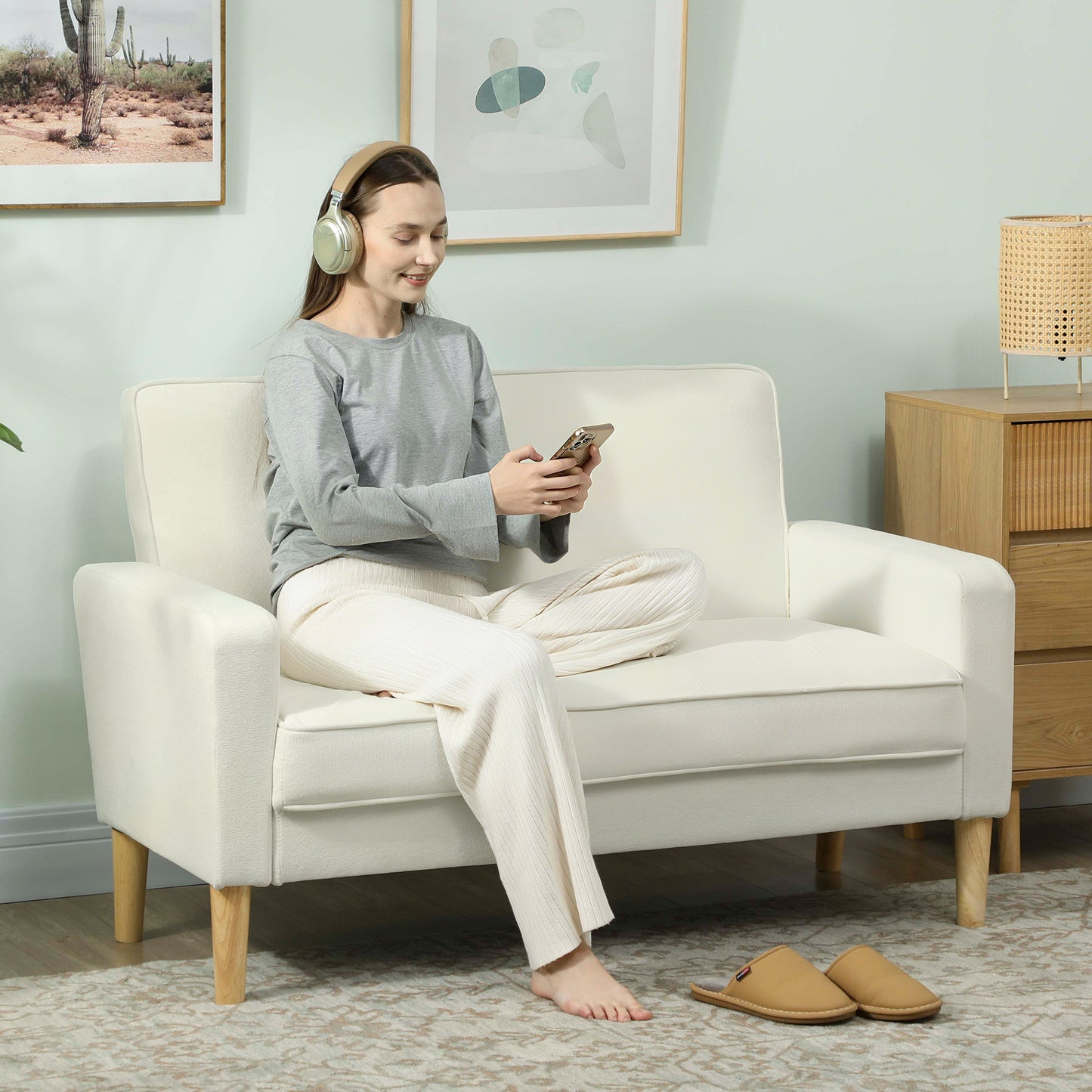 HOMCOM 2-Sitzer-Sofa, Doppelsitzsofa mit Kautschukholzbeinen, Polstersofa für Wohnzimmer, Schlafzimmer, Cremeweiß