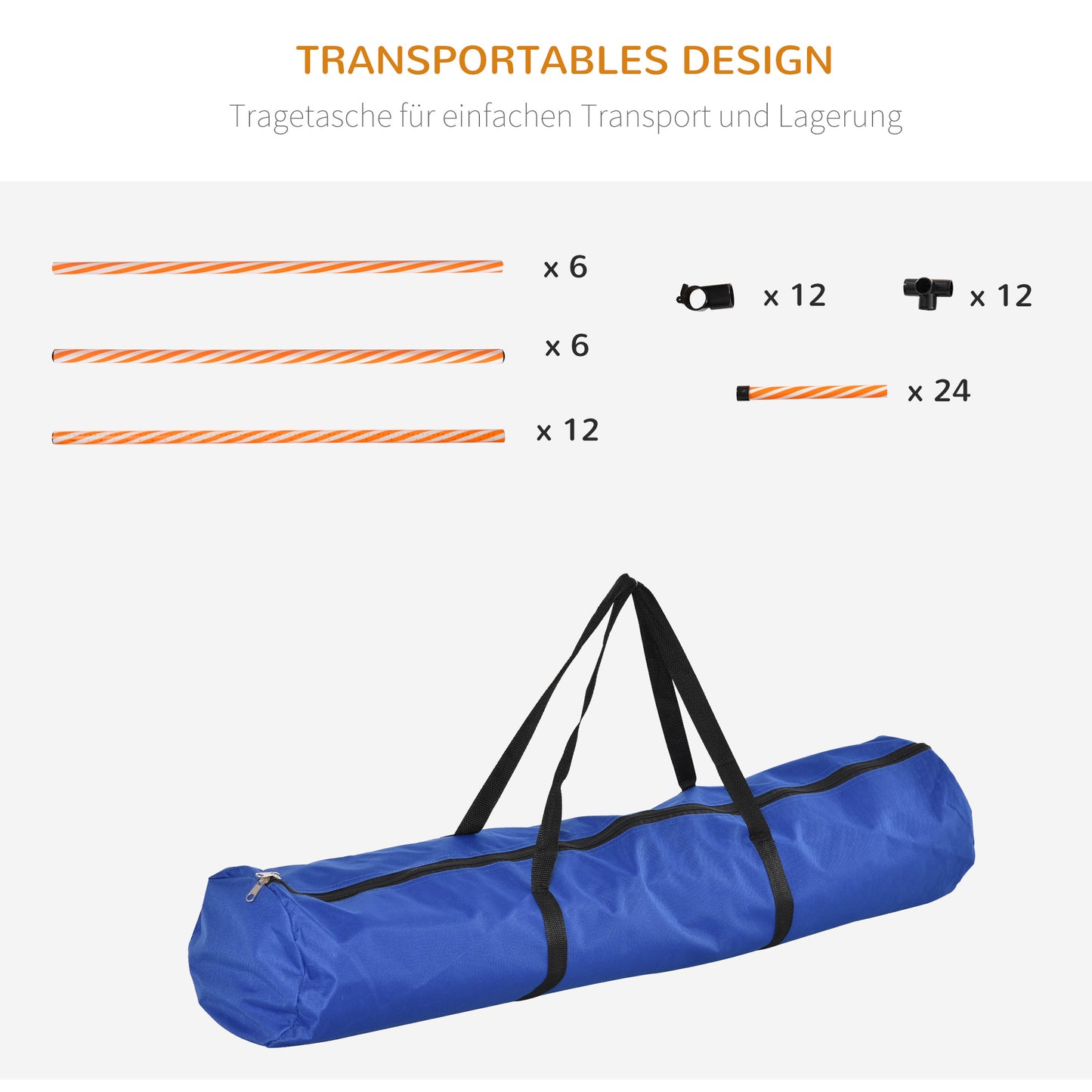 PawHut Agility Set Hunde, 6tlg. Agility-Ausrüstungs-Set mit Flechtstangen, Pfeife, Hundetraining Zubehör mit Tragetasche, für Park, Garten, Orange