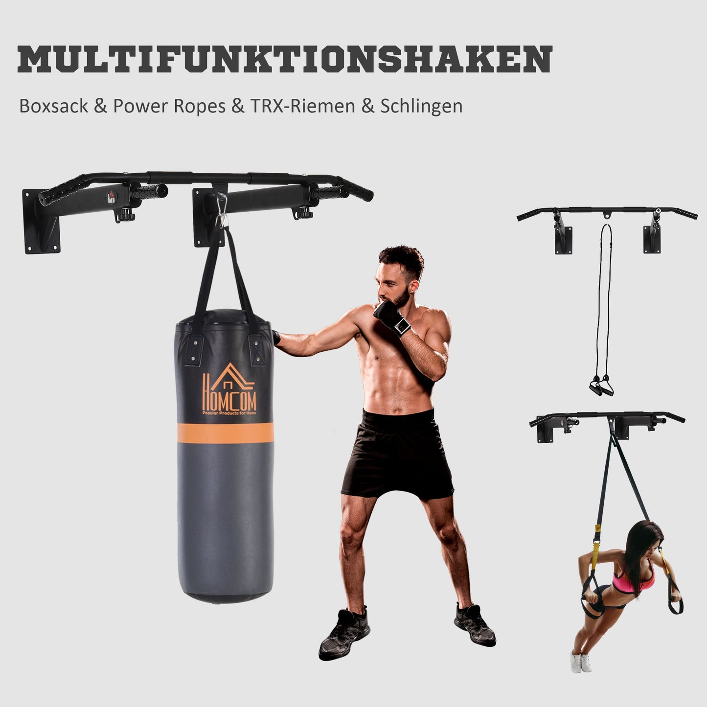 HOMCOM Klimmzugstange zur Wandmontage oder Deckenmontage bis 150 kg belastbar, Multifunktionale Pull Up Bar mit rutschfest Griffe, Ösen sicher stabil Klimmzug Stange für Fitness Zuhause, Stahl Schwarz