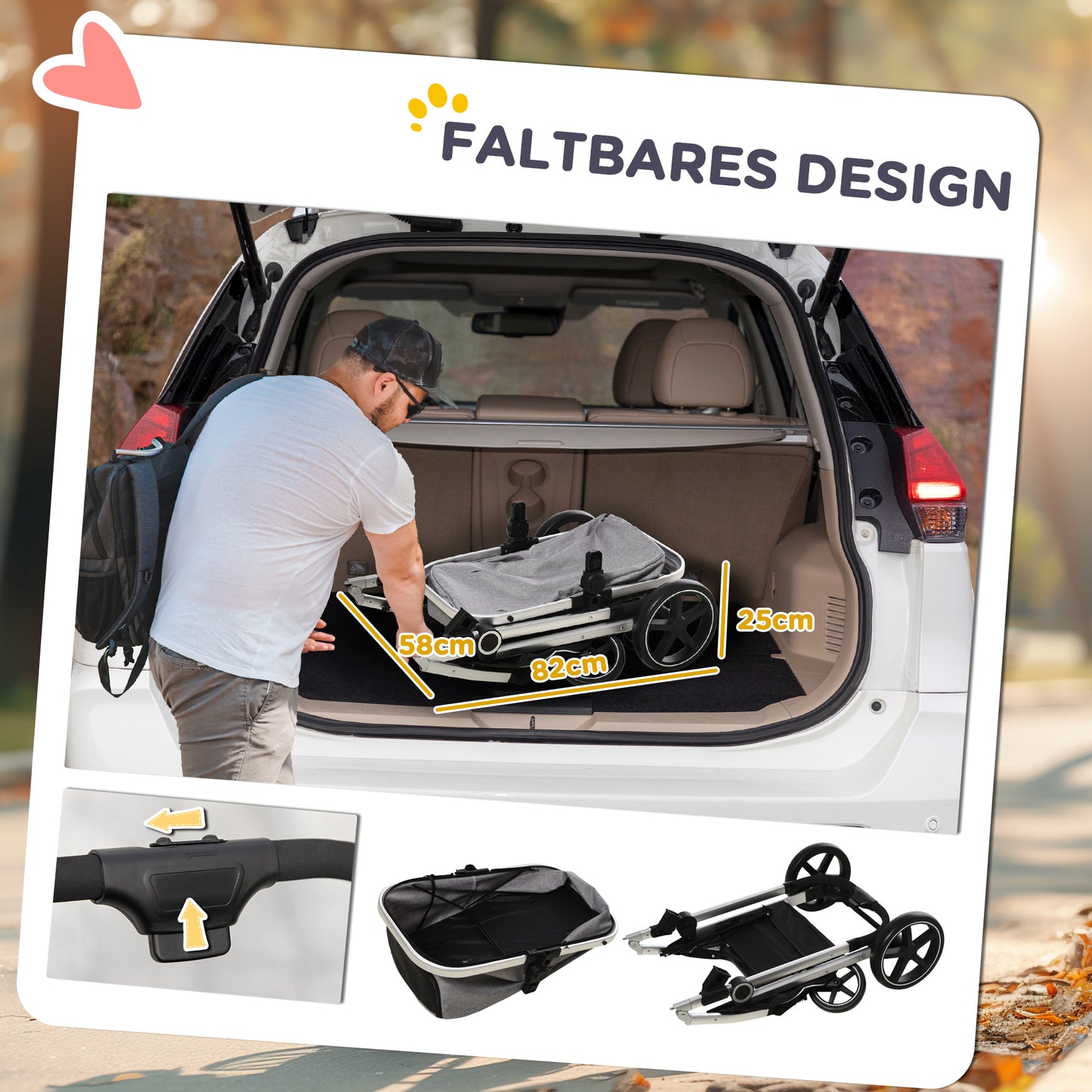 PawHut Hundebuggy Hundewagen bis 10 kg Klappbar Tragtasche Bodenkorb 83 cm x 58 cm x 102 cm, Hellgrau