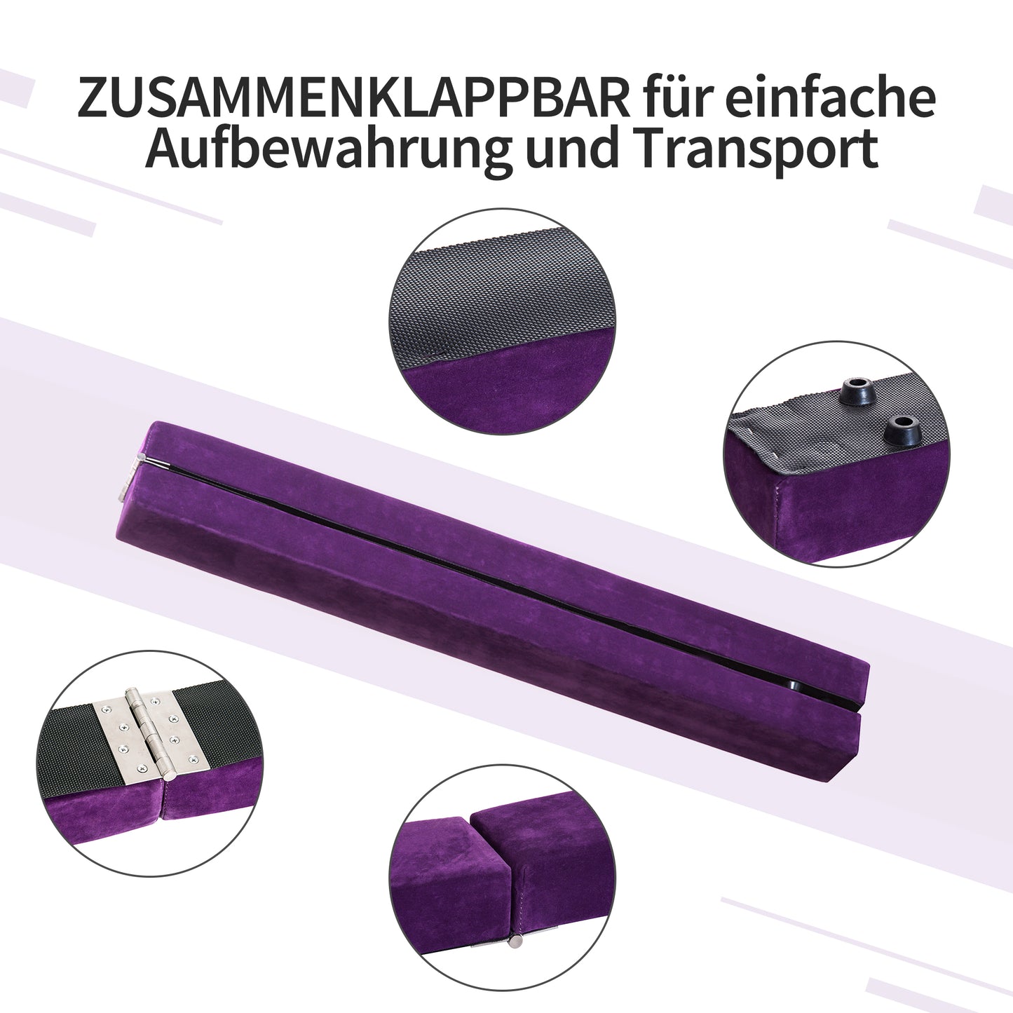 HOMCOM Faltbarer Schwebebalken, rutschfest, Wildlederbezug, robustes Holz, 210 x 10 x 6,5 cm, Violett