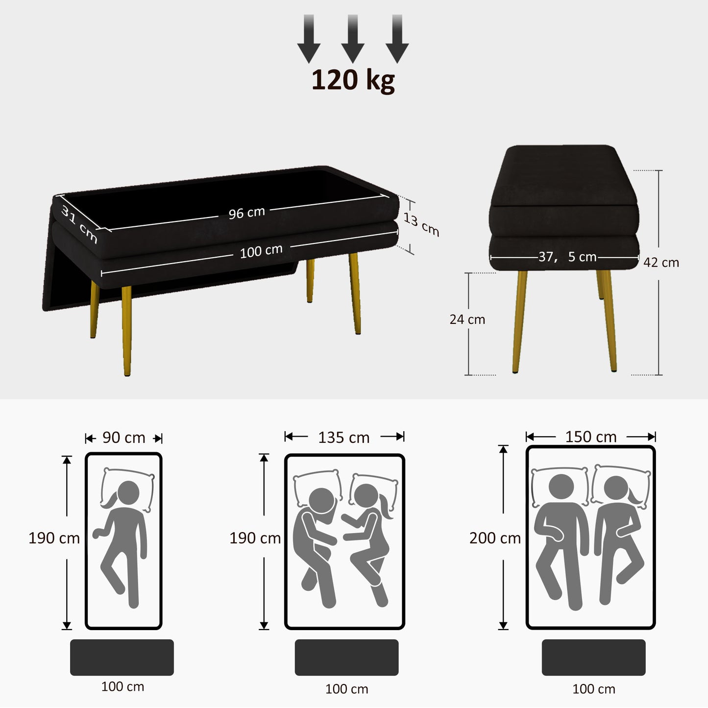 HOMCOM Sitzbank Polsterbank, mit Stauraum, Stahl, 100 cm x 37,5 cm x 42 cm, Schwarz