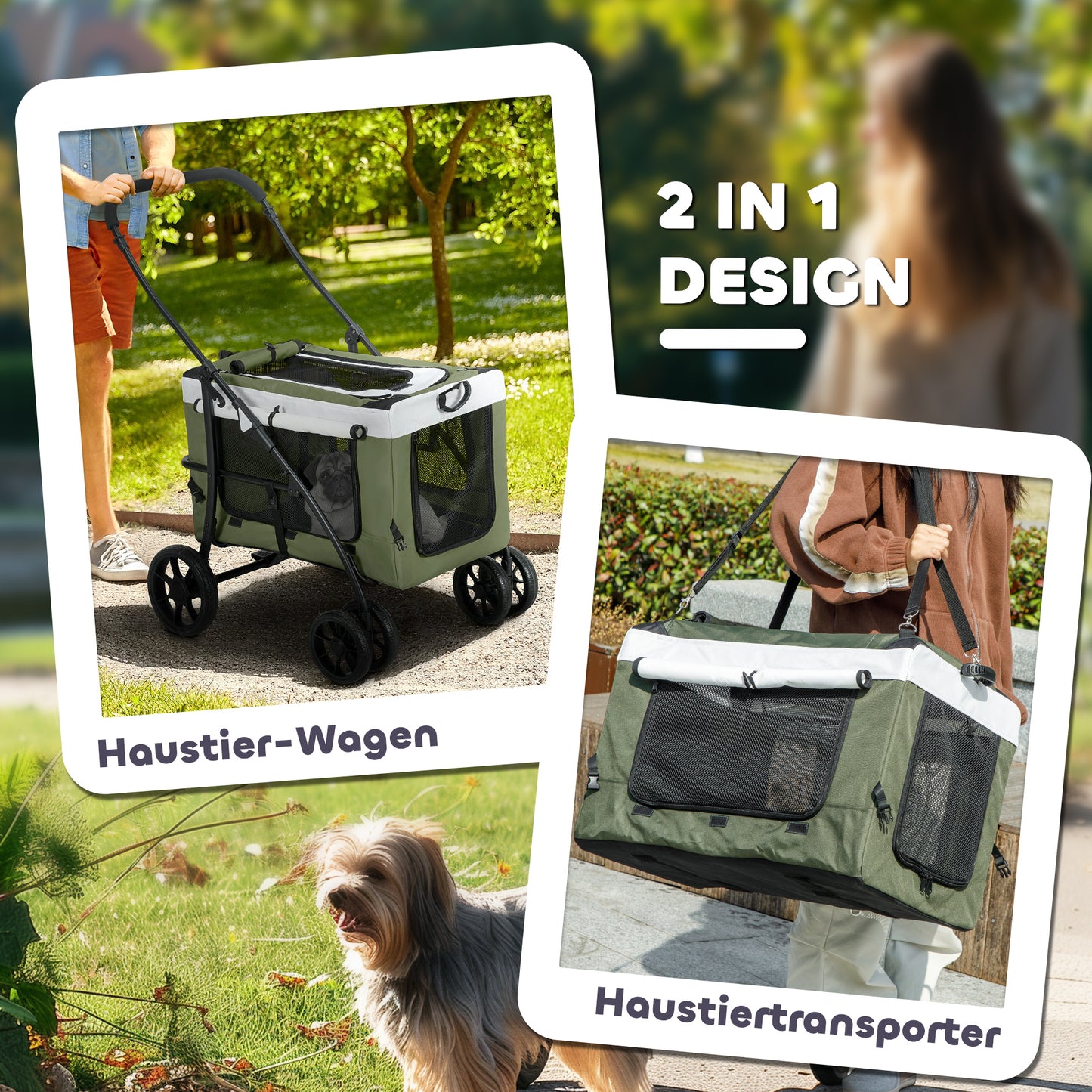 PawHut Hundbuggy Haustierbuggy Hundewagen, klappbar, abnehmbarer Korb, 81 x 58 x 97,5 cm, Schwarz+Dunkelgrün+Weiß