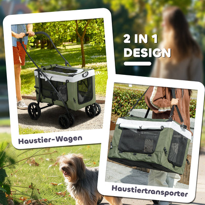 PawHut Hundbuggy Haustierbuggy Hundewagen, klappbar, abnehmbarer Korb, 81 x 58 x 97,5 cm, Schwarz+Dunkelgrün+Weiß