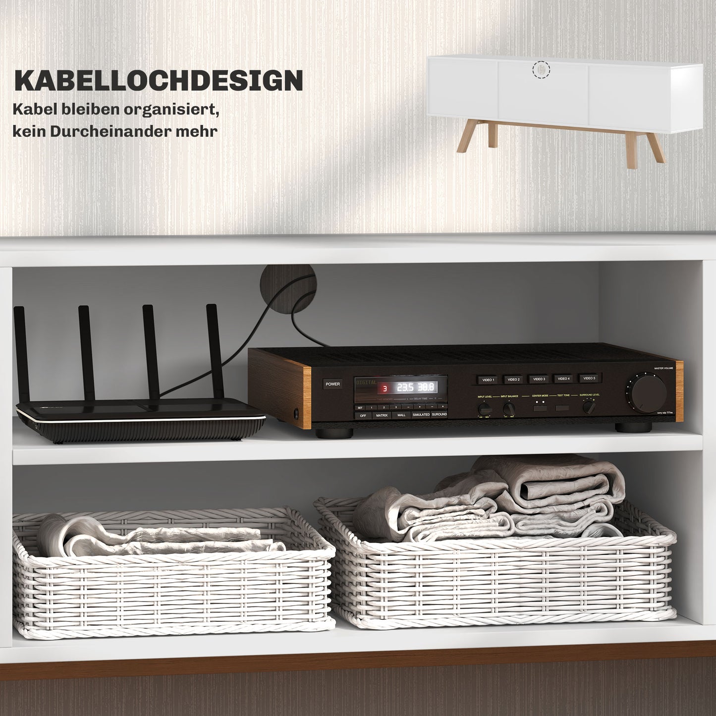 HOMCOM TV-Kommode mit Schubladen und offenen Regalen, MDF, 150 x 39 x 50 cm, Weiß