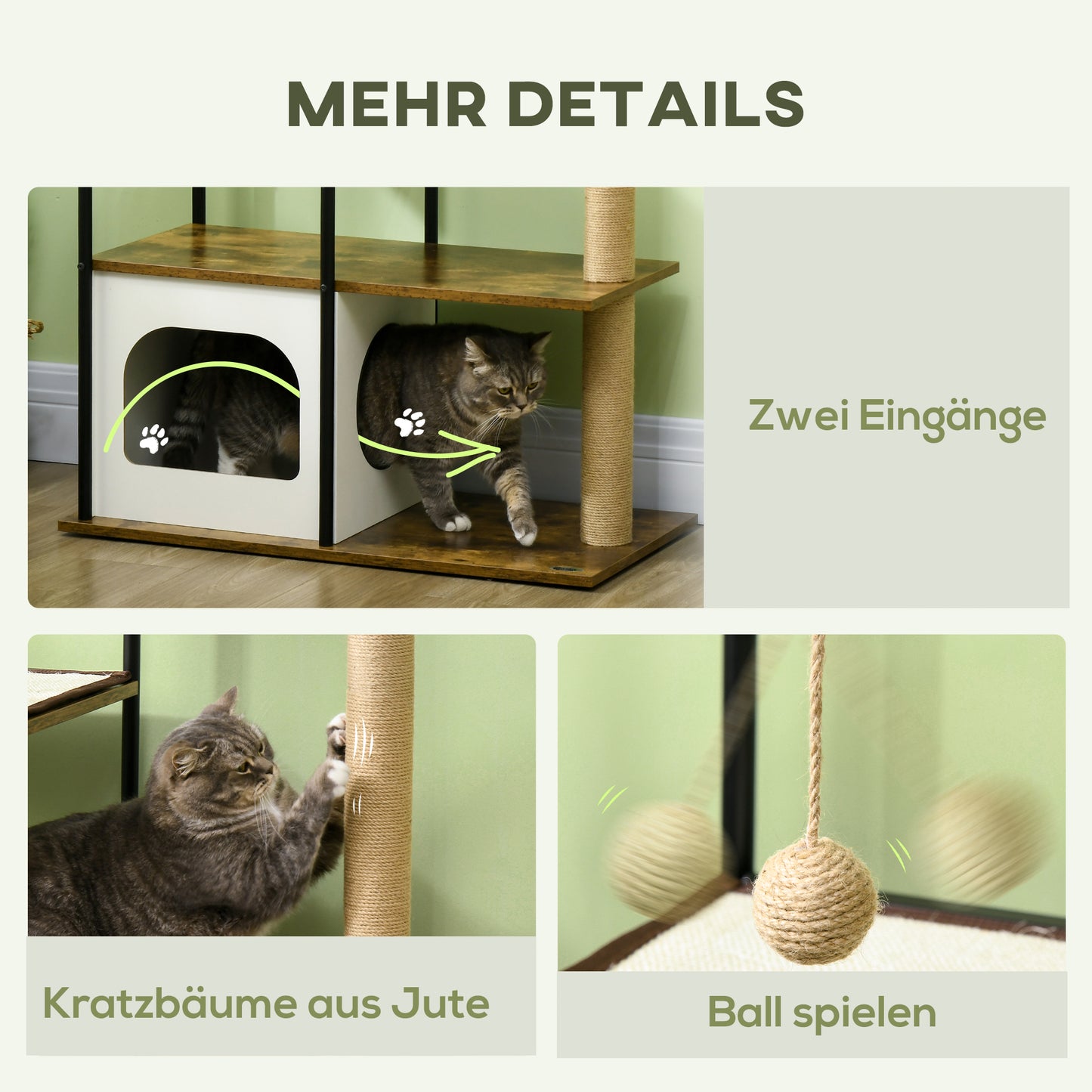 PawHut Kratzbaum, 4 Etagen, Katzenhaus, Spielball, Kippschutz, 80x40x118,5 cm, Braun/Weiß