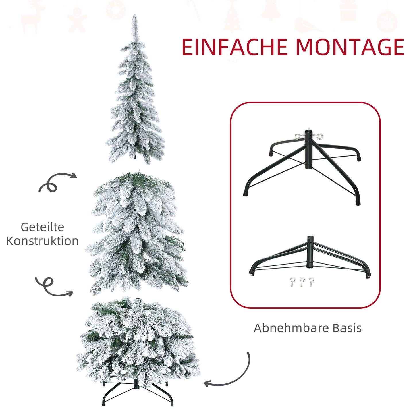 HOMCOM Künstlicher Weihnachtsbaum, 1,80 m, mit 523 Zweigen, Kunstschnee, lebensechtes Aussehen, schlanke Form