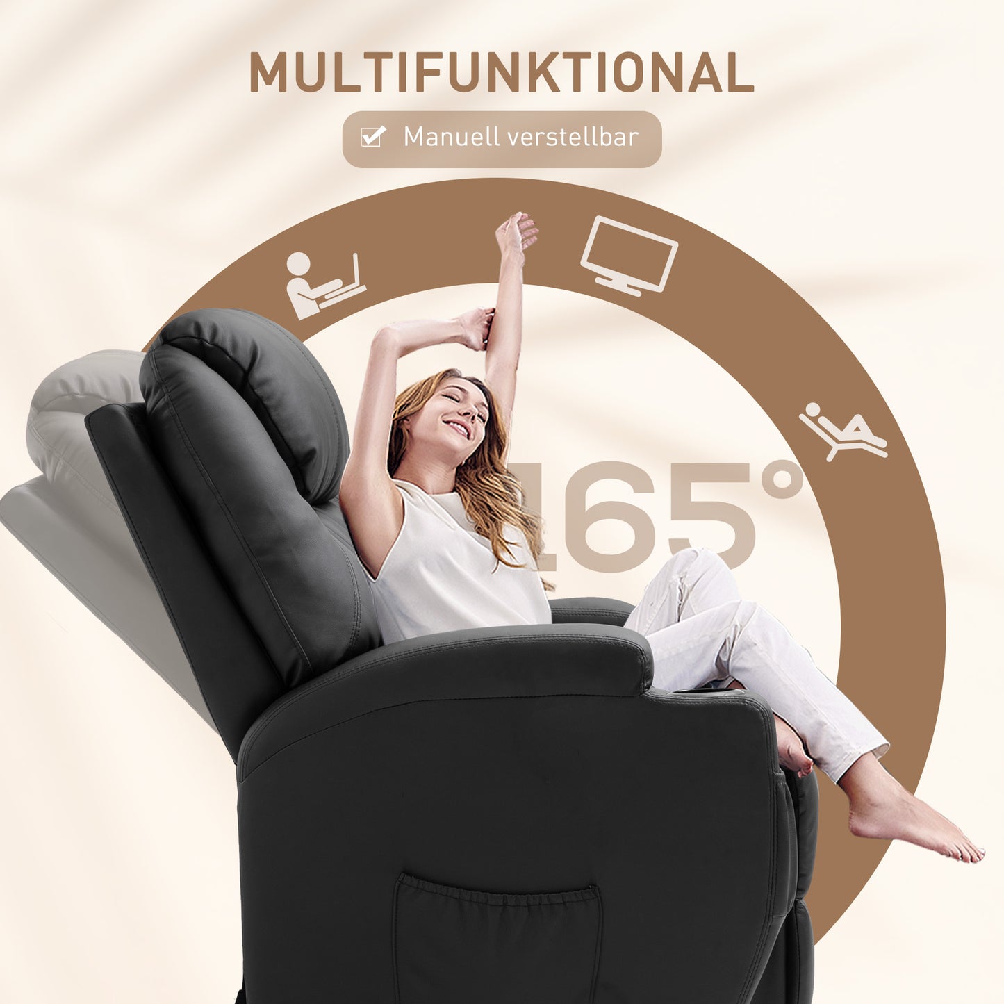 HOMCOM Fernsehsessel Elektrisch Relaxsessel mit Liegefunktion Aufstehhilfe Massage Massagesessel mit verstellbar Rückenlehne Seitentasche Getränkehalter TV Sessel bis 160kg für Wohnzimmer Schwarz