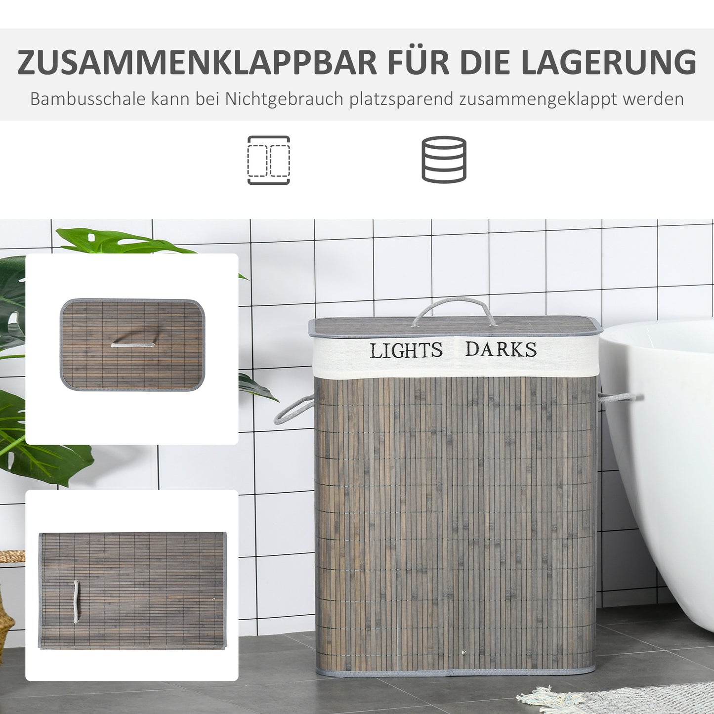 HOMCOM 100L Wäschekorb mit 3 Griffen, mit waschbarem Wäschesack, Bambus, Polyester, Baumwolle, Metall, 52 x 32 x 63 cm, Grau