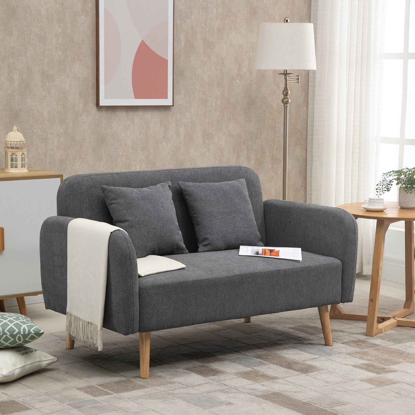 HOMCOM Sofa 2 Sitzer Couch mit 2 Wurfkissen, Kleine Loveseat mit Samtopik Modern Polstersofa für Wohnzimmer, Schlafzimmer, kleinen Raum, Grau 130 x 70 x 80 cm