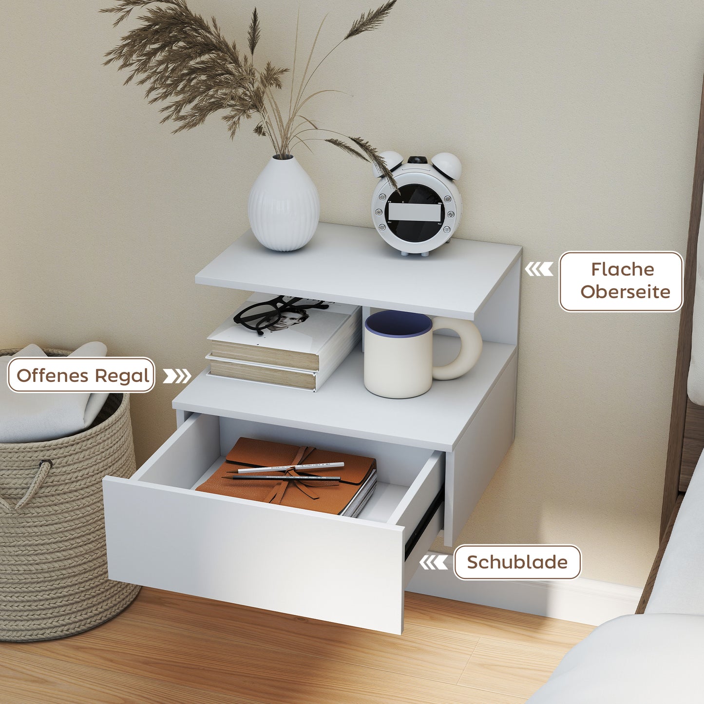 HOMCOM Nachttisch hängend Beistelltisch mit Schublade, offenes Fach Weiß, 39,8 x 35 x 31,6 cm